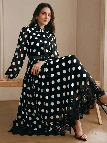 Women's Polka Dot Chiffon Lace Splice Tie Waist Elegant Dress