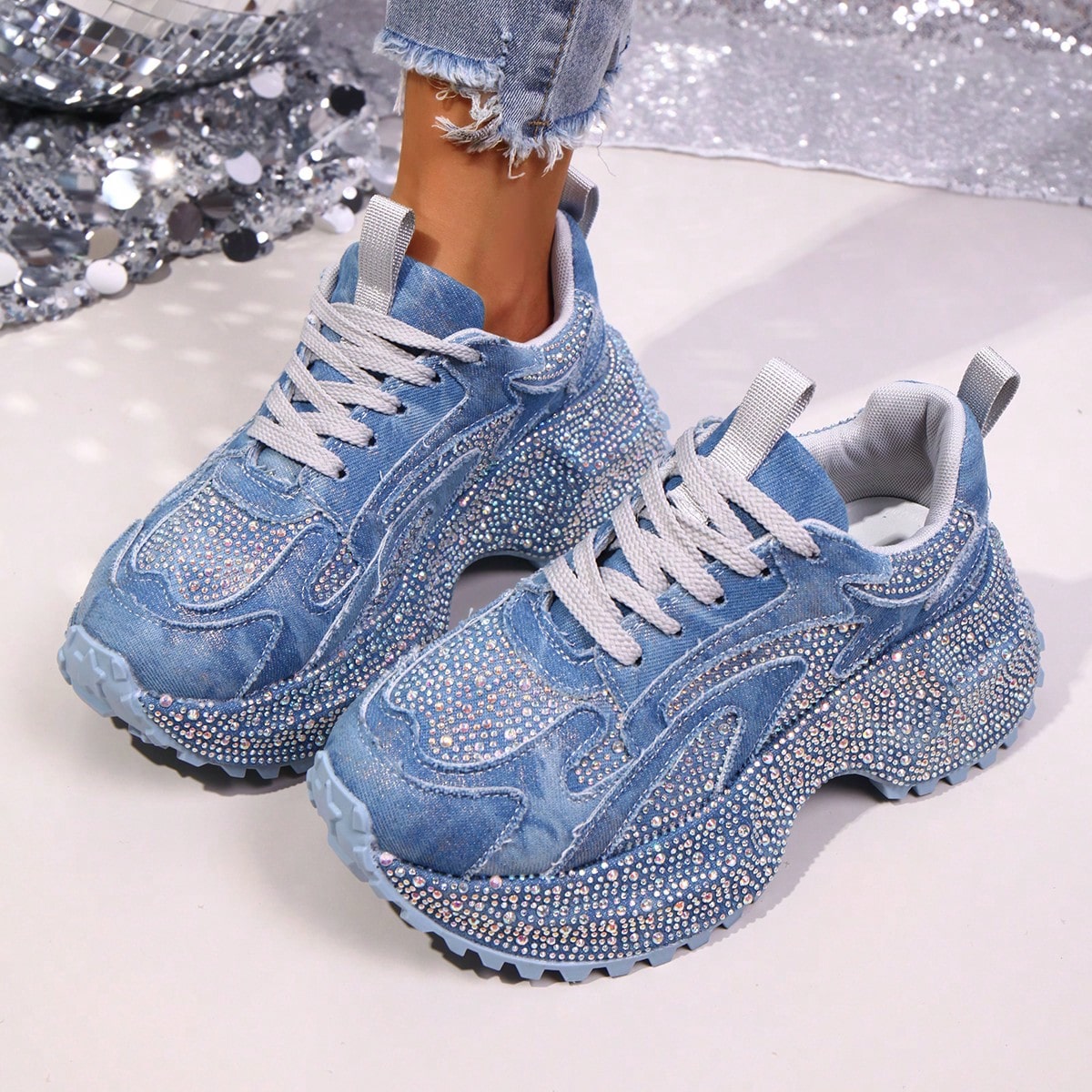Heavy Washed Rhinestone Embellished Chunky Sneakers