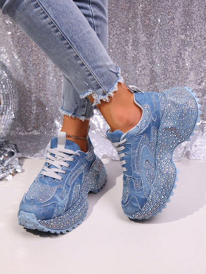 Heavy Washed Rhinestone Embellished Chunky Sneakers