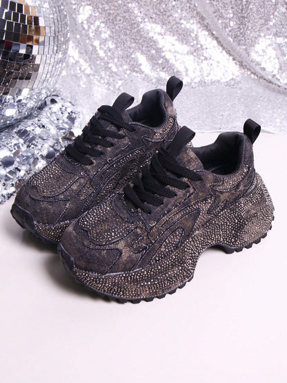 Heavy Washed Rhinestone Embellished Chunky Sneakers