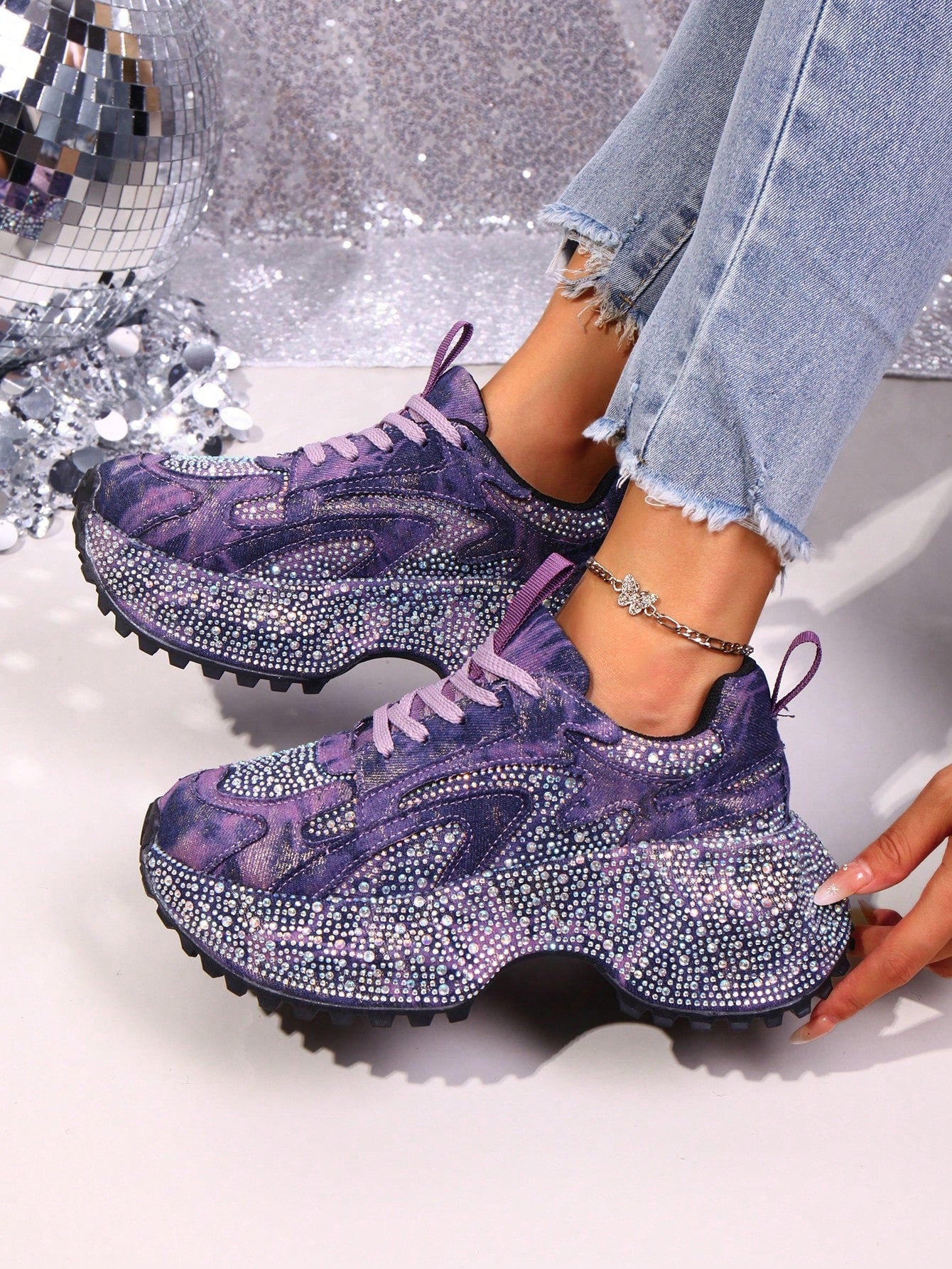Heavy Washed Rhinestone Embellished Chunky Sneakers