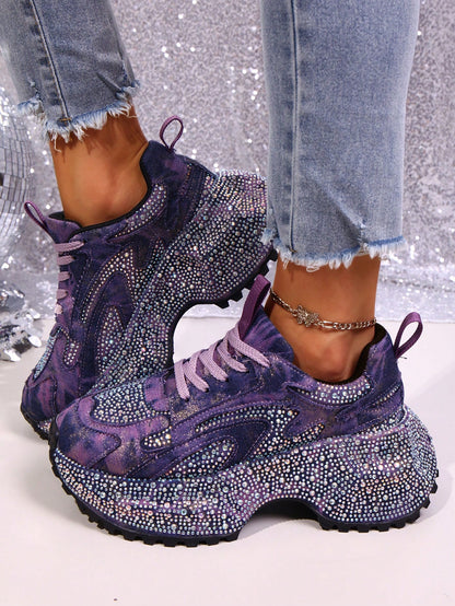 Heavy Washed Rhinestone Embellished Chunky Sneakers