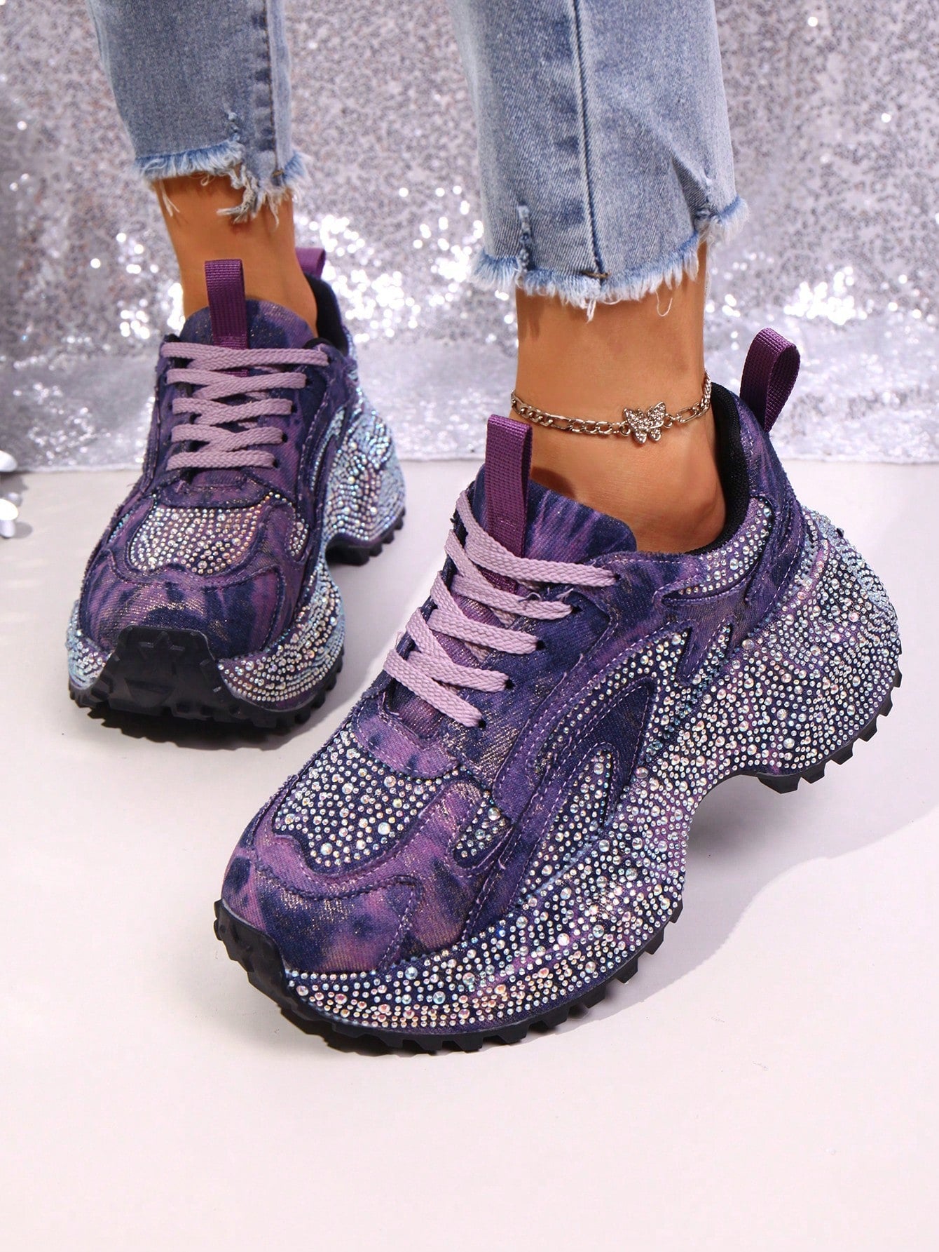 Heavy Washed Rhinestone Embellished Chunky Sneakers