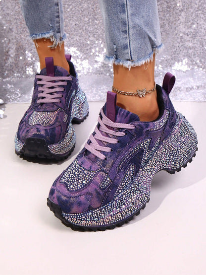 Heavy Washed Rhinestone Embellished Chunky Sneakers