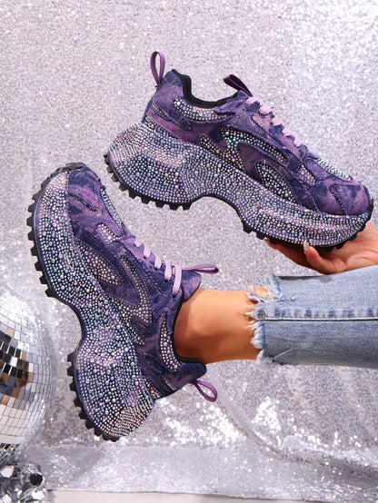 Heavy Washed Rhinestone Embellished Chunky Sneakers