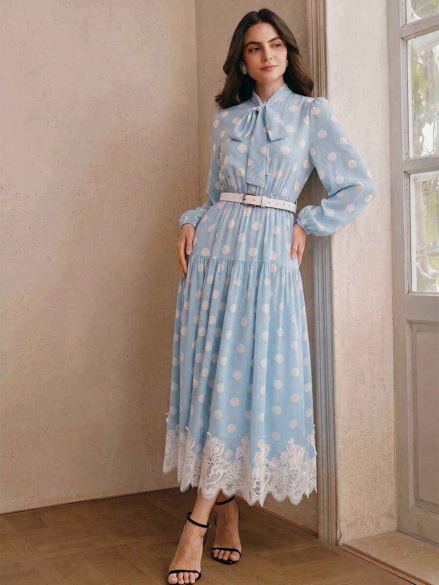 Women's Polka Dot Chiffon Lace Splice Tie Waist Elegant Dress