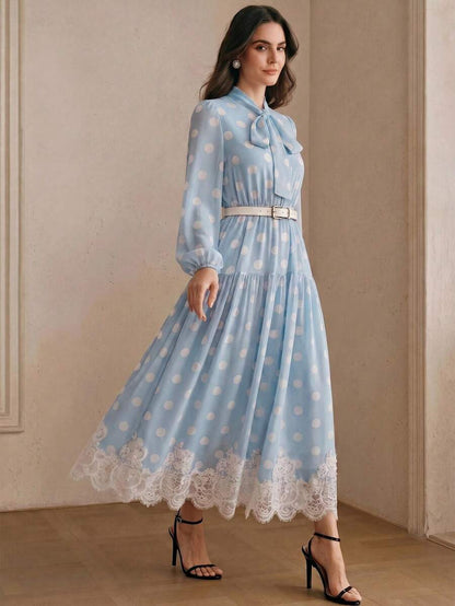 Women's Polka Dot Chiffon Lace Splice Tie Waist Elegant Dress