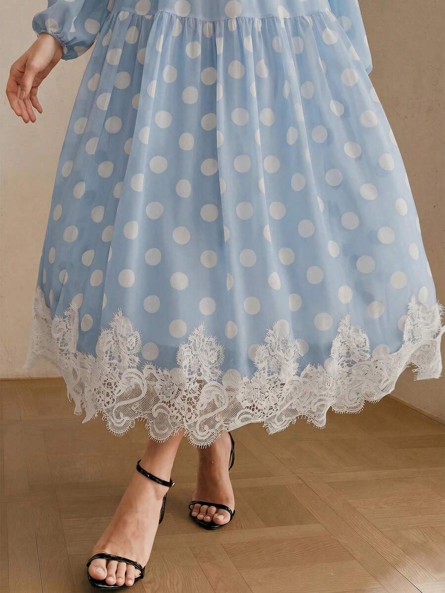Women's Polka Dot Chiffon Lace Splice Tie Waist Elegant Dress