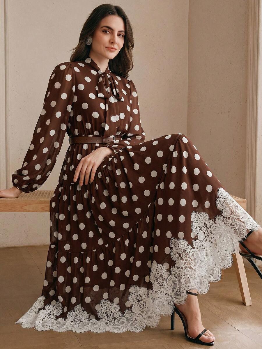 Women's Polka Dot Chiffon Lace Splice Tie Waist Elegant Dress