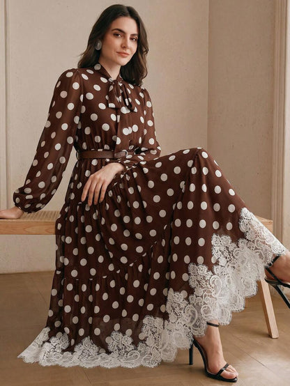 Women's Polka Dot Chiffon Lace Splice Tie Waist Elegant Dress