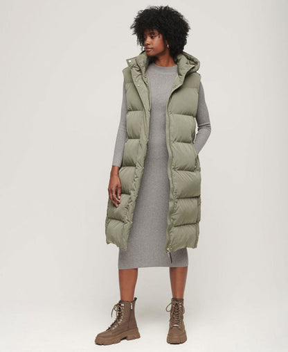 Longline Hooded Puffer Gilet | Light Khaki Green