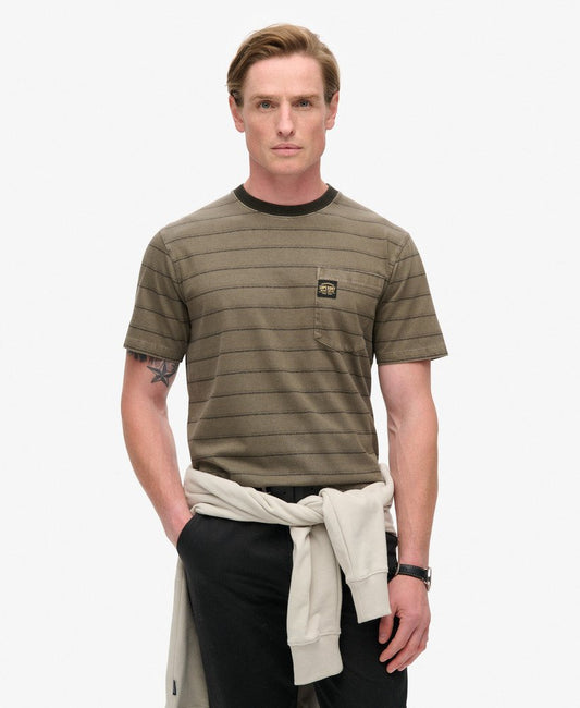 Textured Stripe Pocket T Shirt | Washed Morel Brown Stripe