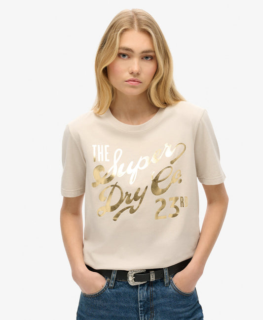 Luxe Metallic Logo Relaxed Tee | Off Grey