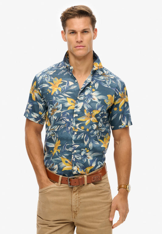 Hawaiian Print Shirt | Tropical Flowers Blue Washed