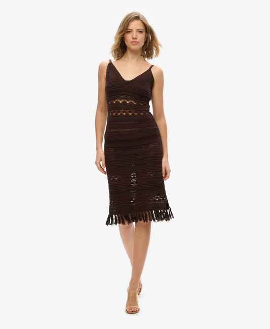 Crochet Tassel Midi Dress | Dark Oak Brown