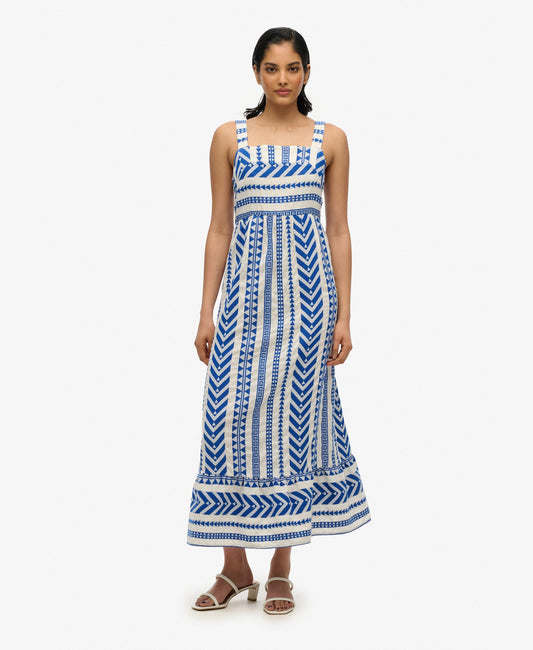Statement Tiered Maxi Dress | Ecru Blue Emb