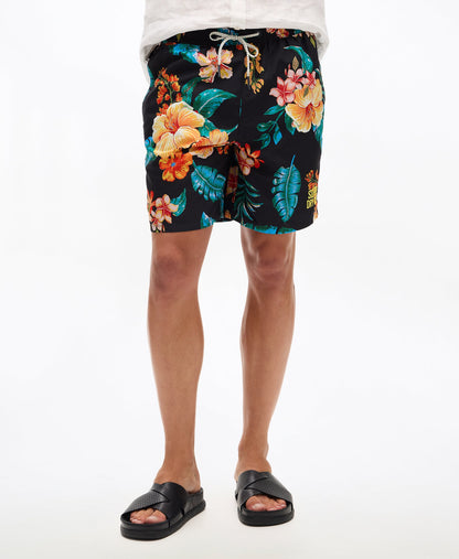 Hawaiian Print 17'' Swim Short | Hibiscus Black