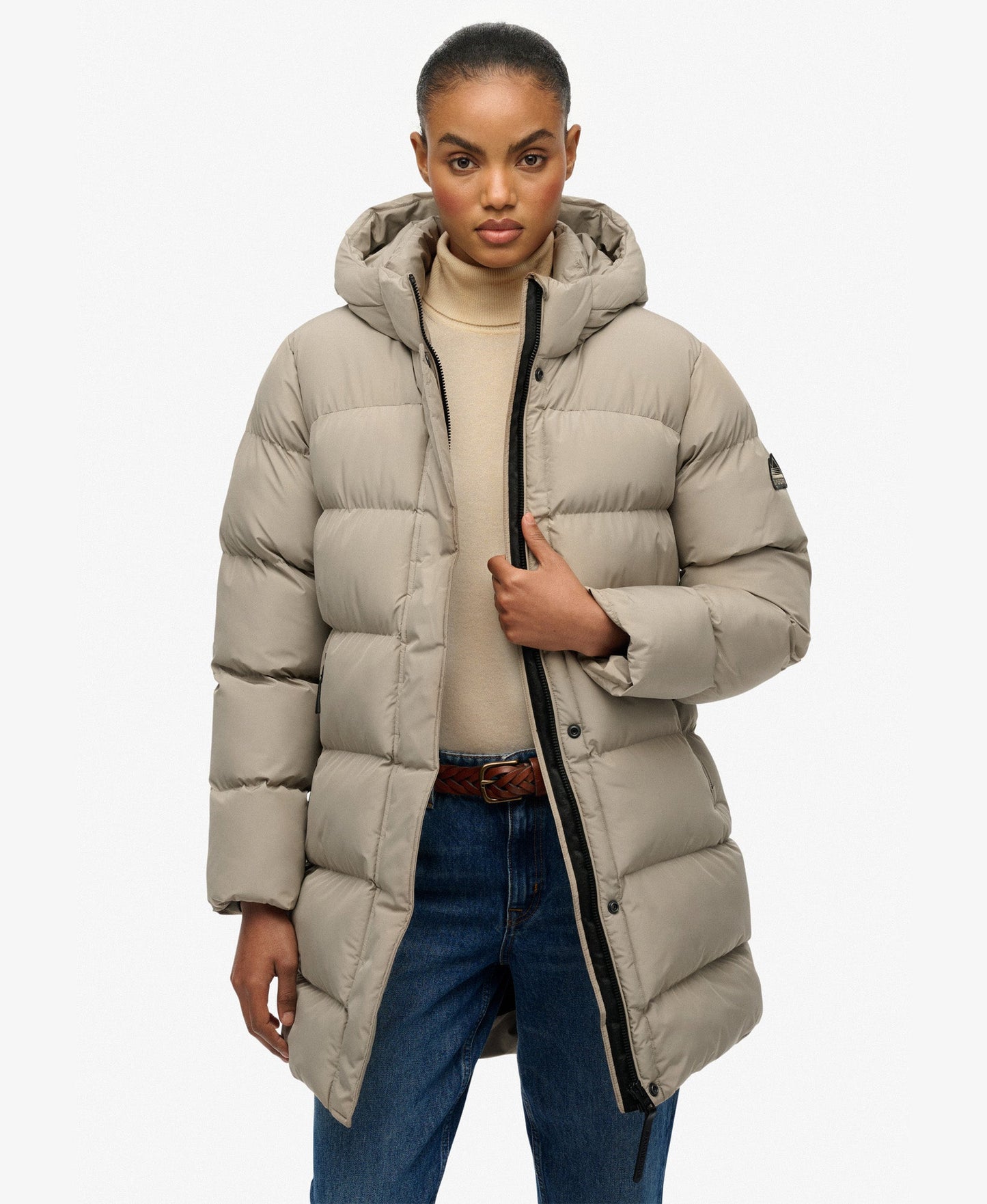 Hooded Sports Puffer Mid Jacket | Winter Twig Beige