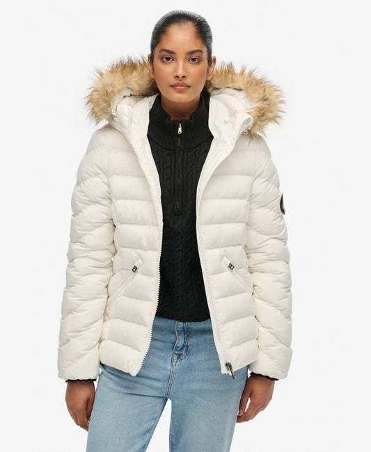 Fuji Faux Fur Slim Fit Hood Padded Jacket | Bright White
