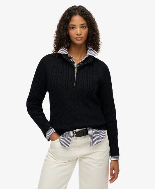Brushed Cable Half Zip Knit | Black