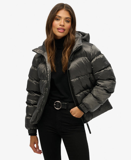 Slim Fit Hooded Luxe Sports Puffer | Black Sheen