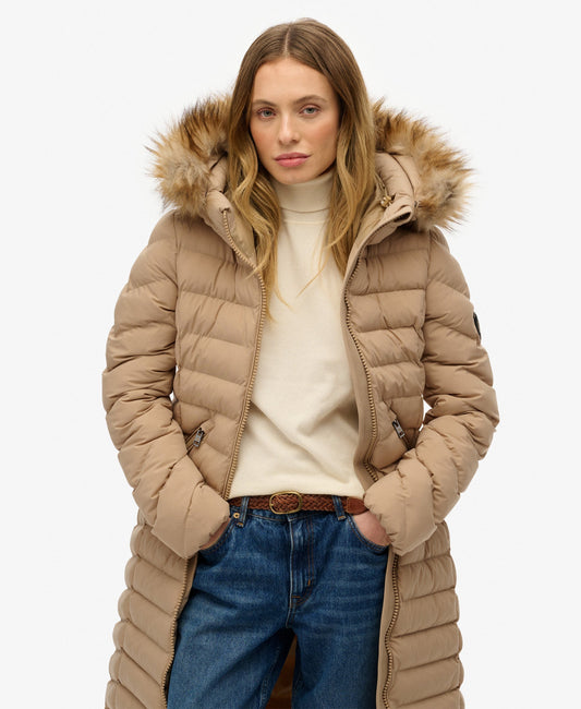 Fuji Faux Fur Hooded Longline Slim Fit Jacket | Shaker Beige