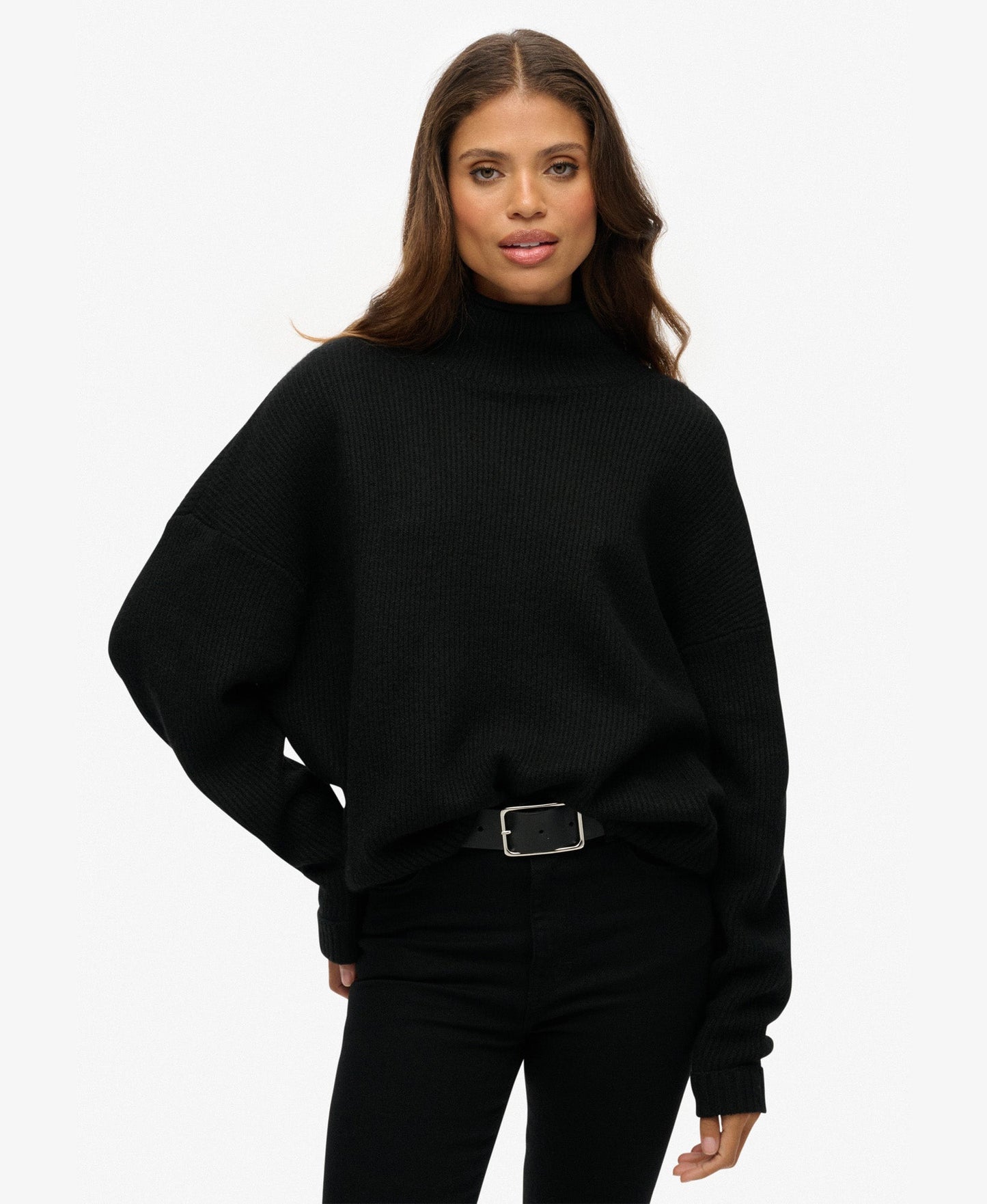 Slouchy Mock Neck Jumper | Black Twist