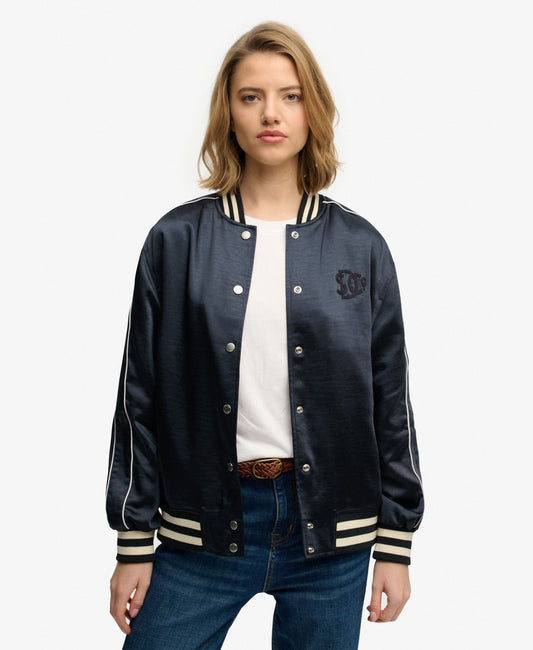 Varsity Satin Slim Fit Bomber Jacket | Eclipse Navy