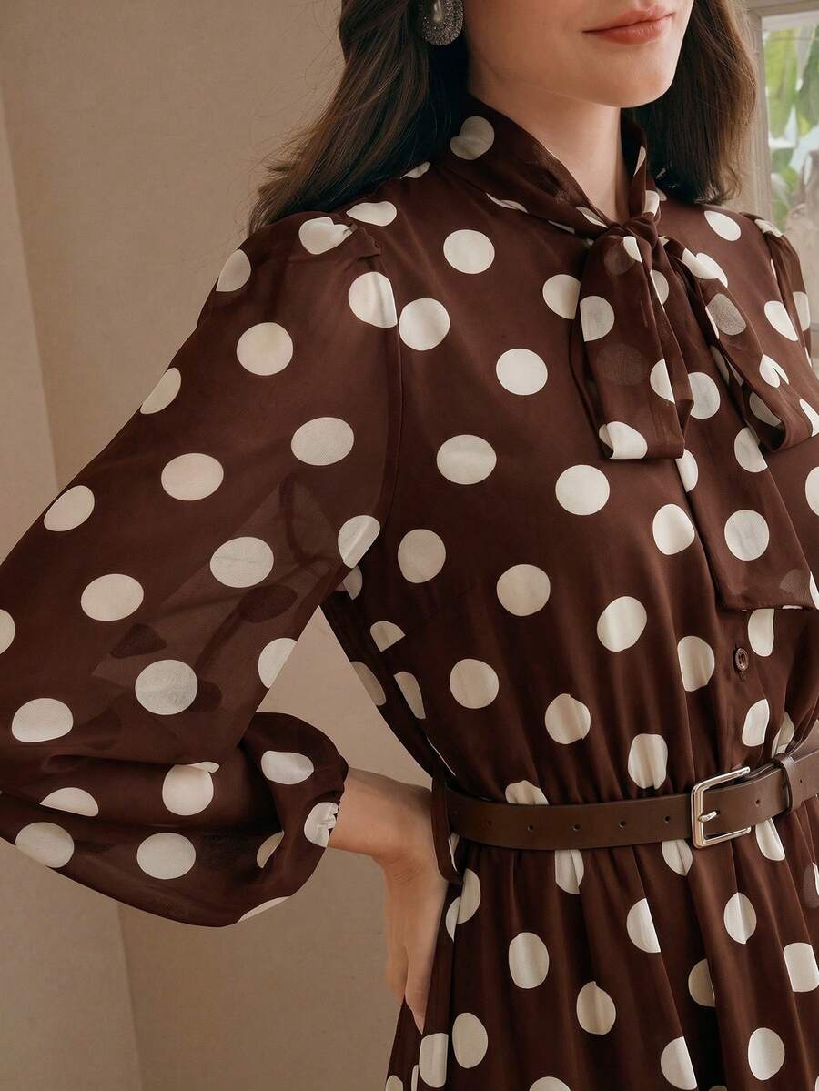 Women's Polka Dot Chiffon Lace Splice Tie Waist Elegant Dress
