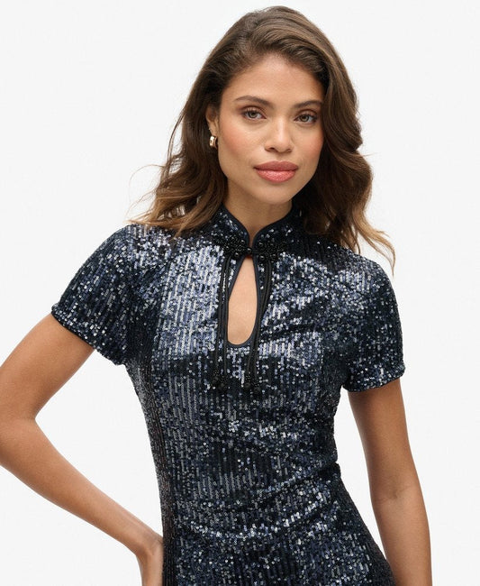 Mandarin Sequin Midi Slim Fit Dress | Gunmetal Sequin