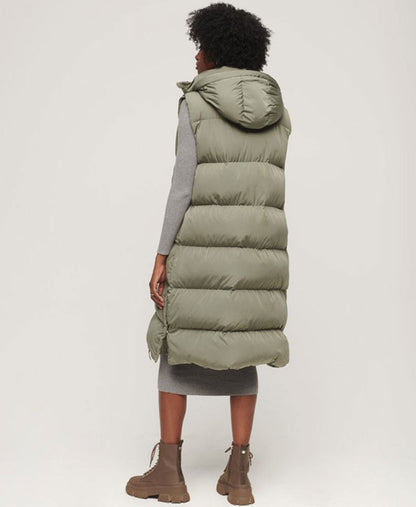 Longline Hooded Puffer Gilet | Light Khaki Green
