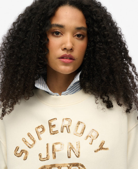 Embellished Varsity Loose Crew | Cream