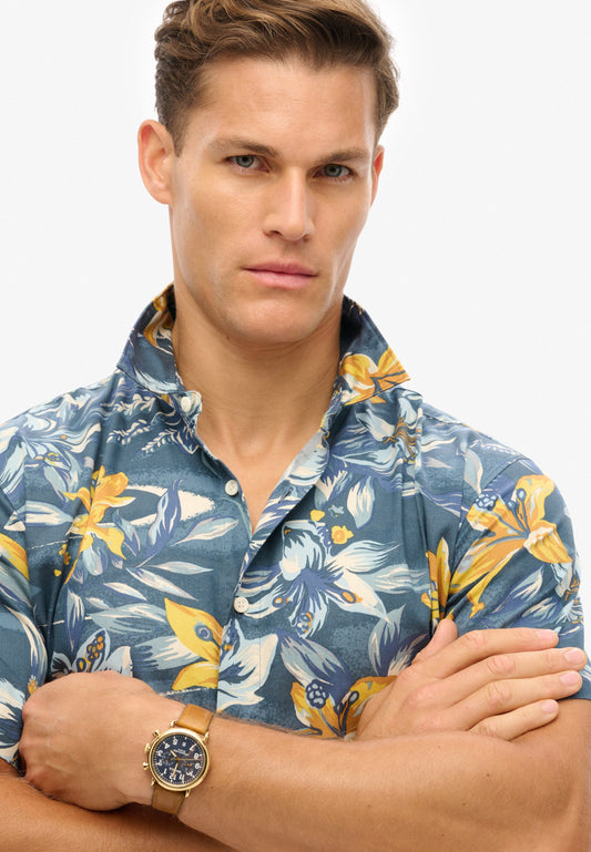 Hawaiian Print Shirt | Tropical Flowers Blue Washed