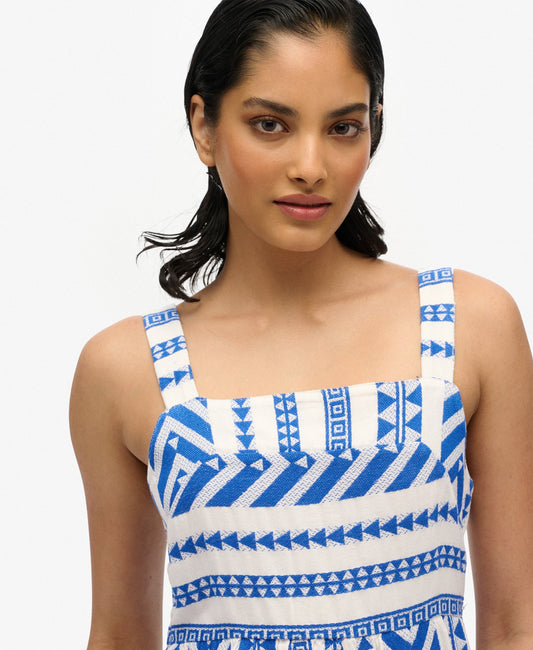 Statement Tiered Maxi Dress | Ecru Blue Emb