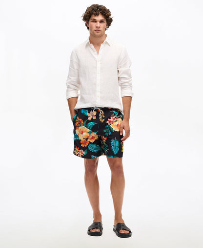 Hawaiian Print 17'' Swim Short | Hibiscus Black