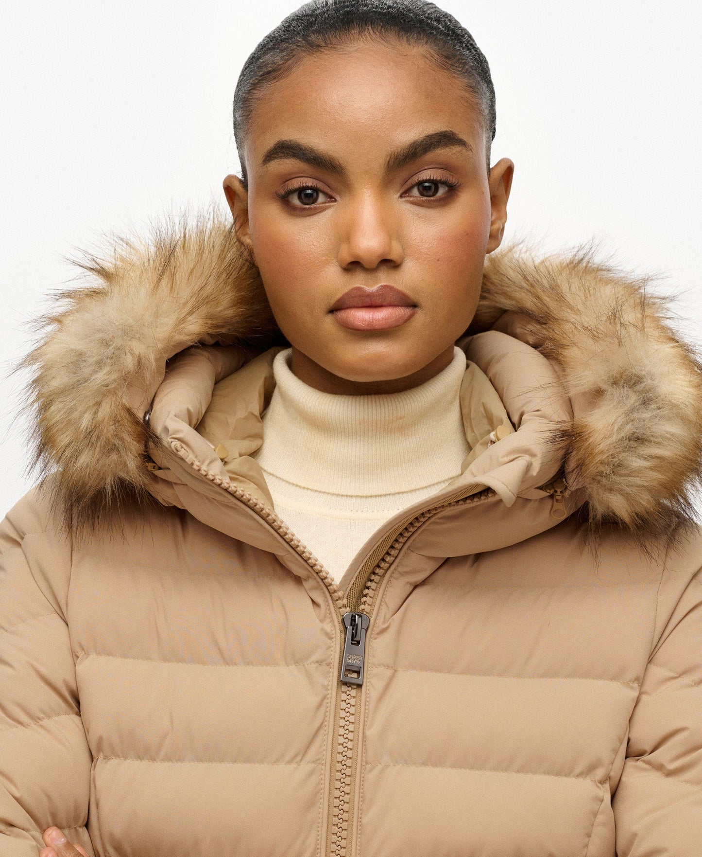 Fuji Faux Fur Slim Fit Hood Padded Jacket | Shaker Beige