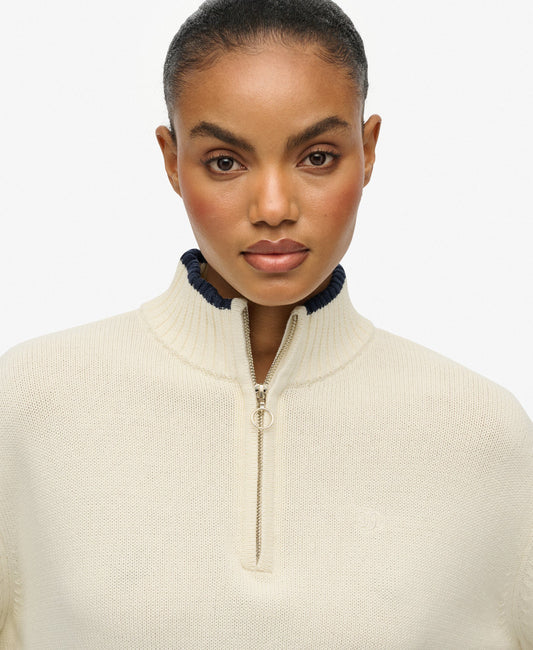 Cotton Half Zip Knit | Off White Richest Navy Stripe
