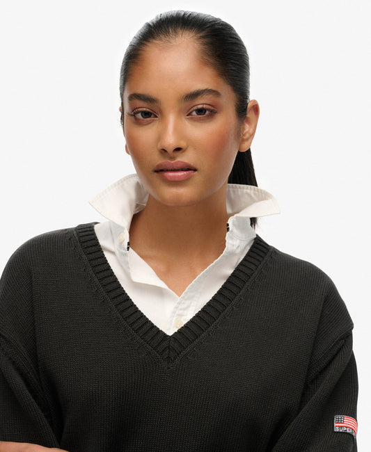 Oversized Striped V Neck | Dark Charcoal