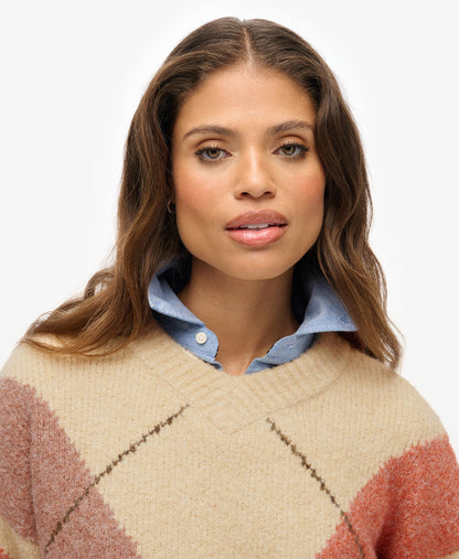 Oversized Argyle V Neck Jumper | Off White Multi