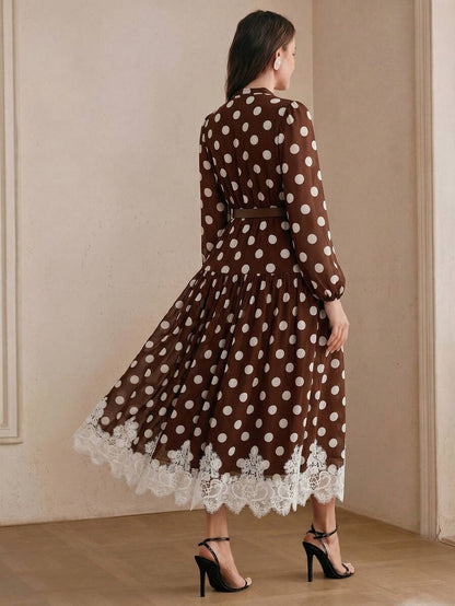 Women's Polka Dot Chiffon Lace Splice Tie Waist Elegant Dress