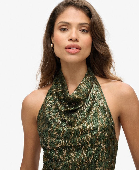 Halter Neck Sequin Slim Fit Top | Green Gold Sequin