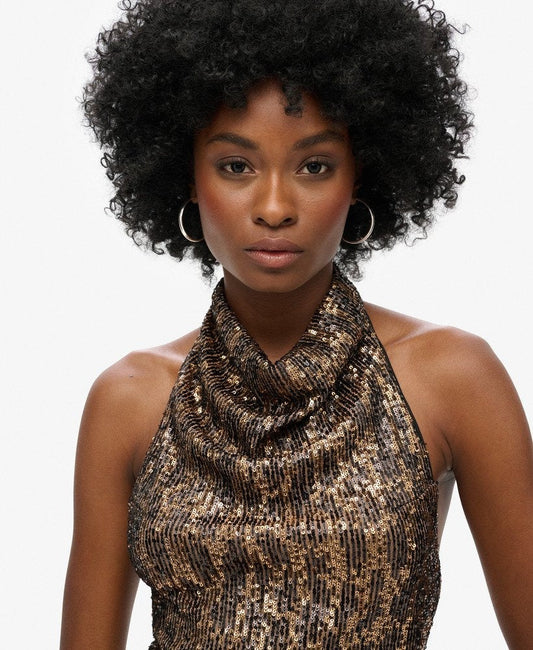 Cowl Halter Neck Sequin Slim Fit Top | Brown Gold Sequin