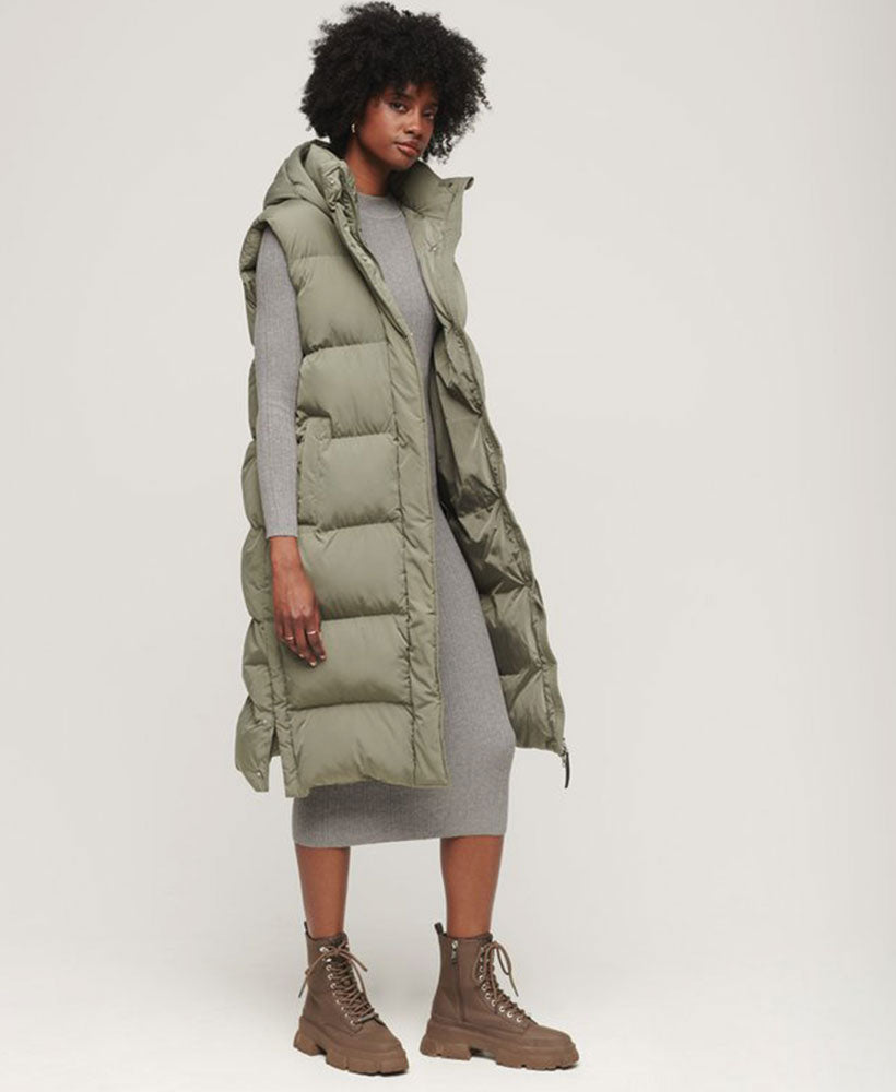 Longline Hooded Puffer Gilet | Light Khaki Green