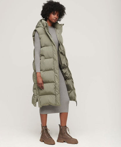 Longline Hooded Puffer Gilet | Light Khaki Green
