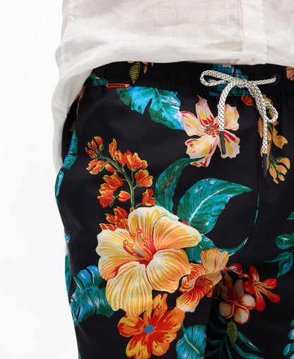 Hawaiian Print 17'' Swim Short | Hibiscus Black