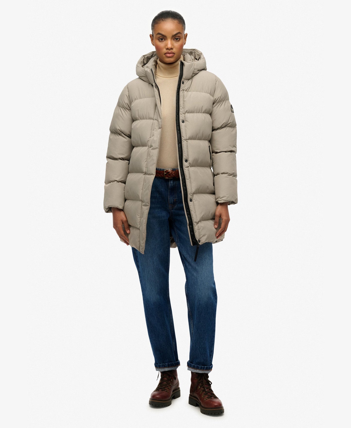 Hooded Sports Puffer Mid Jacket | Winter Twig Beige