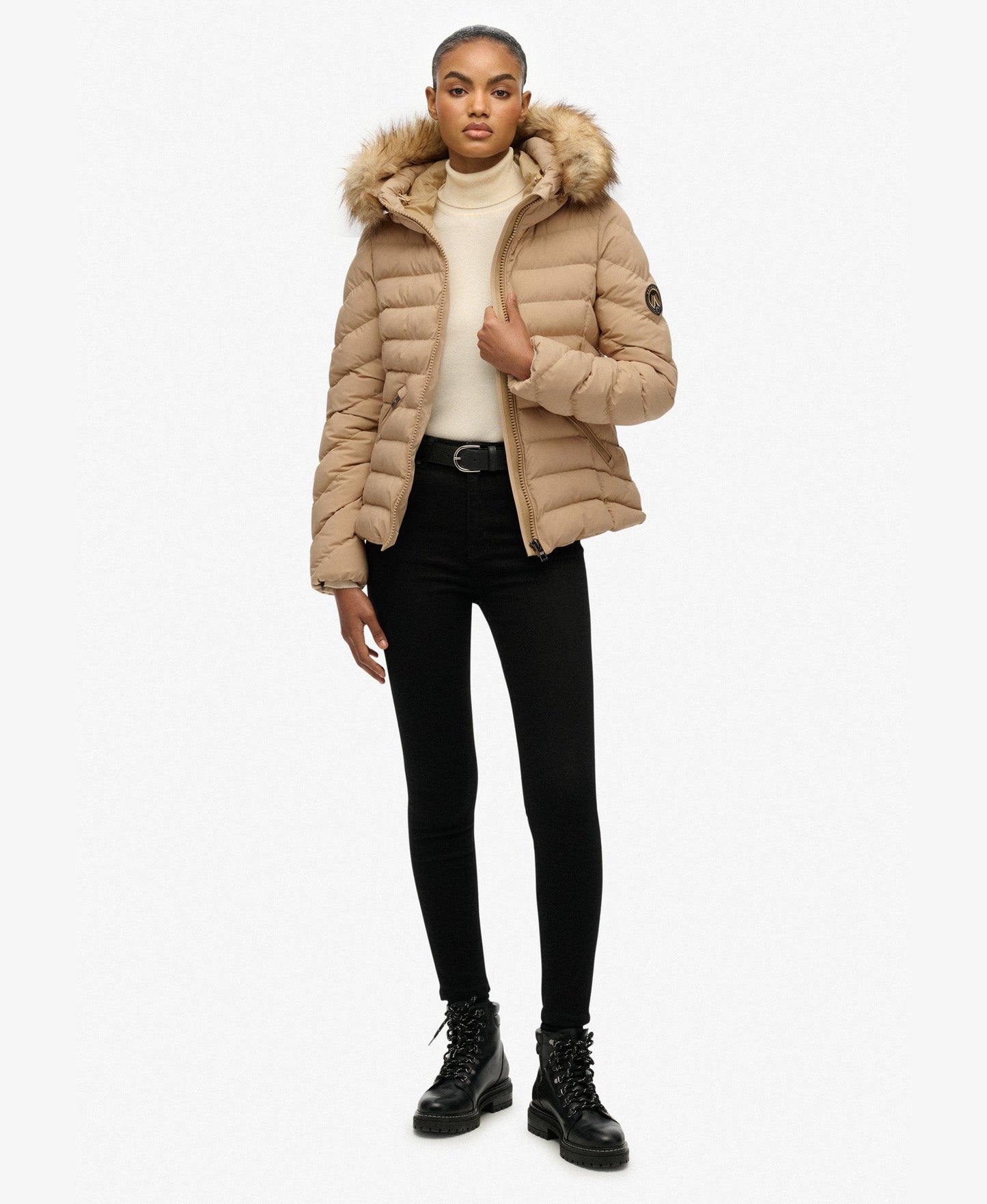 Fuji Faux Fur Slim Fit Hood Padded Jacket | Shaker Beige