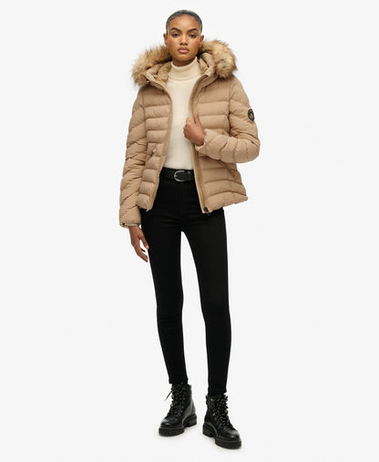 Fuji Faux Fur Slim Fit Hood Padded Jacket | Shaker Beige