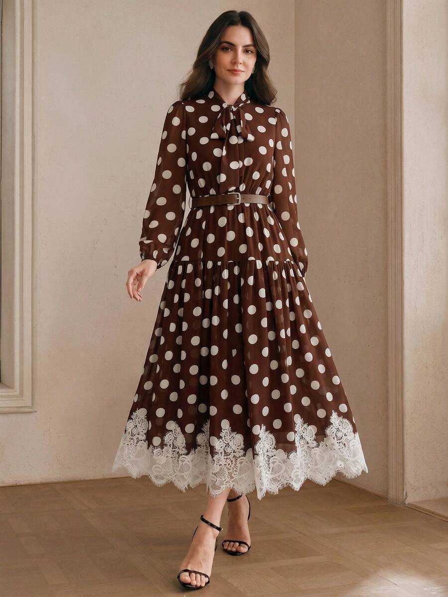 Women's Polka Dot Chiffon Lace Splice Tie Waist Elegant Dress