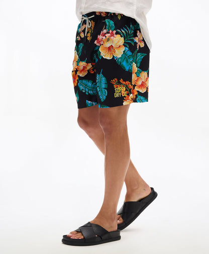 Hawaiian Print 17'' Swim Short | Hibiscus Black